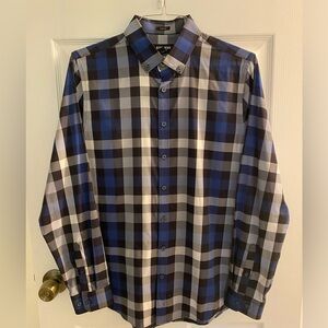 Express Men’s Performance Button-Down, Size S, Slim, Black/Blue/White Plaid